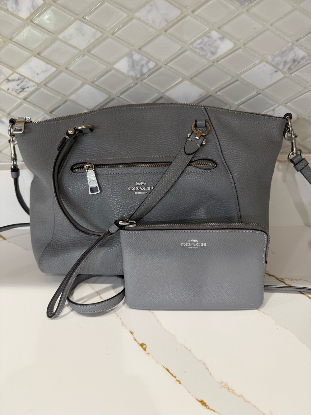 Coach Gray Pebbled Satchel Top Handle Bag w/ Detachable Strap & Wristlet